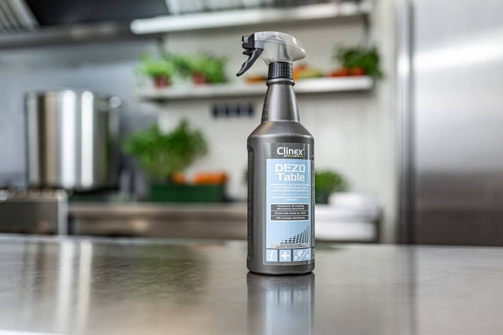Professional surface disinfectant on the kitchen counter.