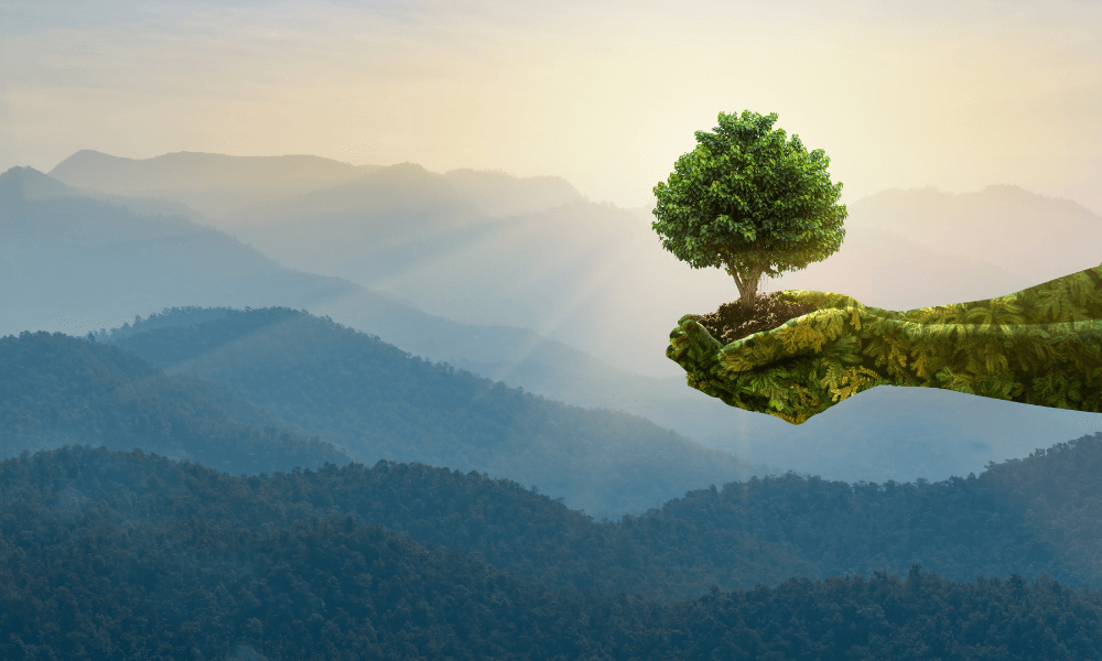 Artystyczny obraz ręki trzymającej drzewo na tle gór.