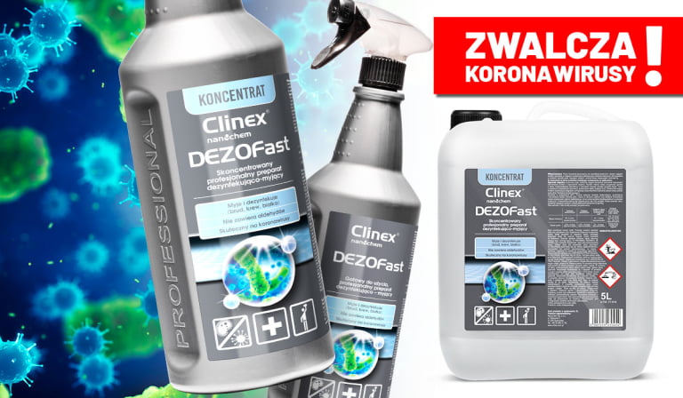 
Nowość od Clinex! Profesjonalny produkt do dezynfekcji Clinex DEZOFast – skuteczny również w walce z koronawirusami!					