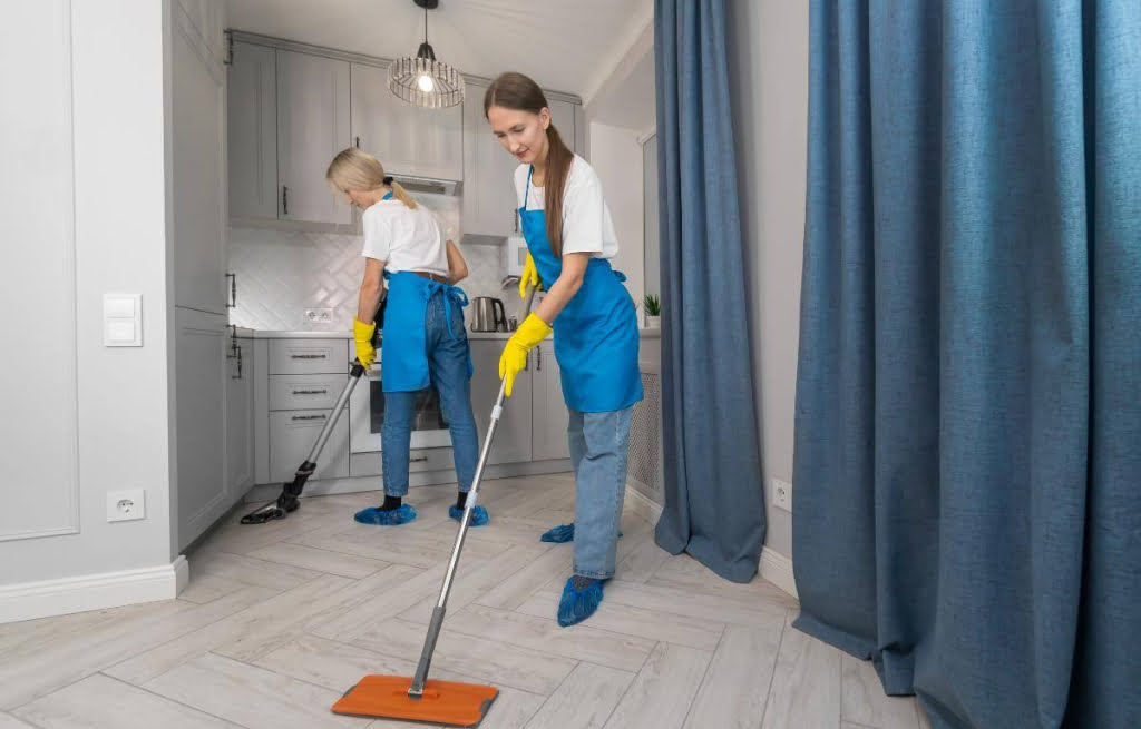 Professional cleaning team during cleaning