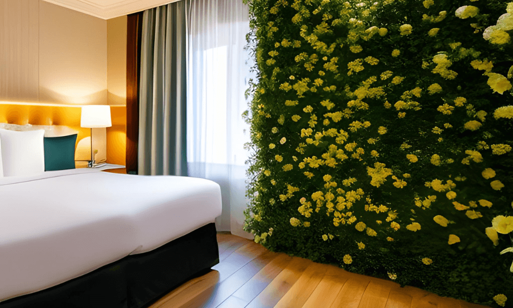 Hotelowy pokój z żywą zieloną ścianą z roślin.